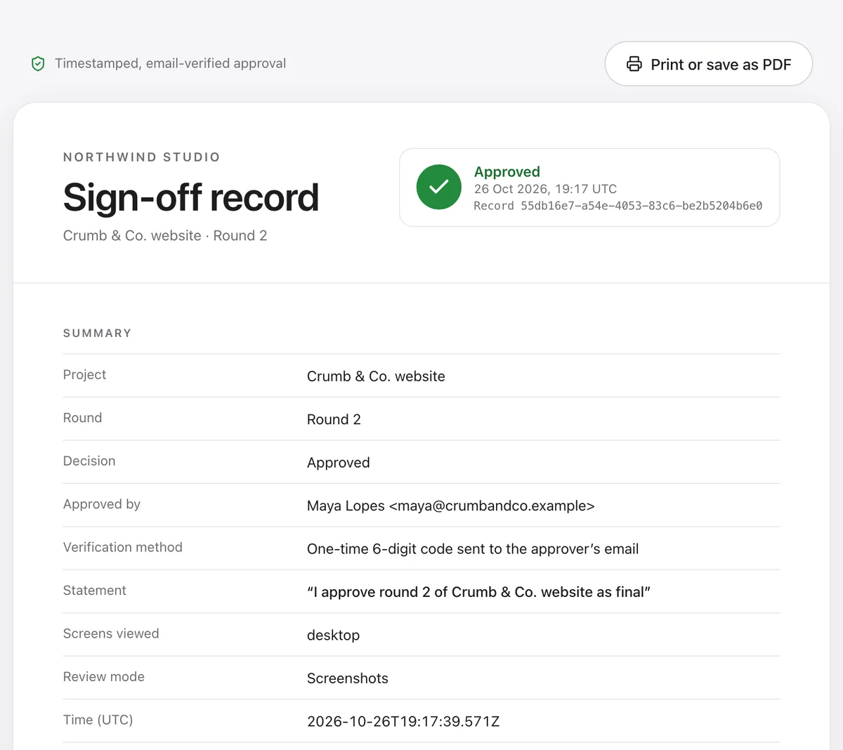 The sign-off record for round 2 of the Crumb & Co. website: approved, who approved it, the verification method, the exact statement and the time