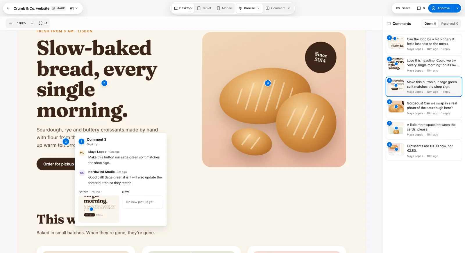 The Crumb & Co. homepage in review, with numbered pins on the page and a comment thread with a reply